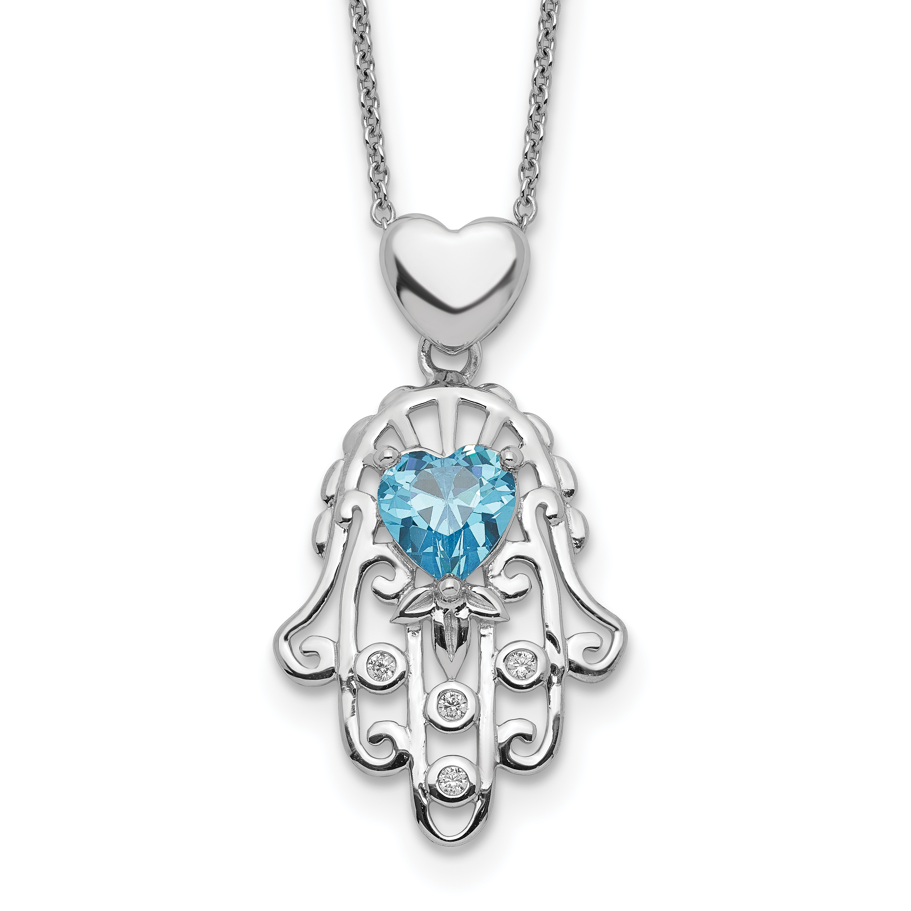 Sterling Silver Blue and Clear CZ Hamsa Necklace (QG5277-17.5)