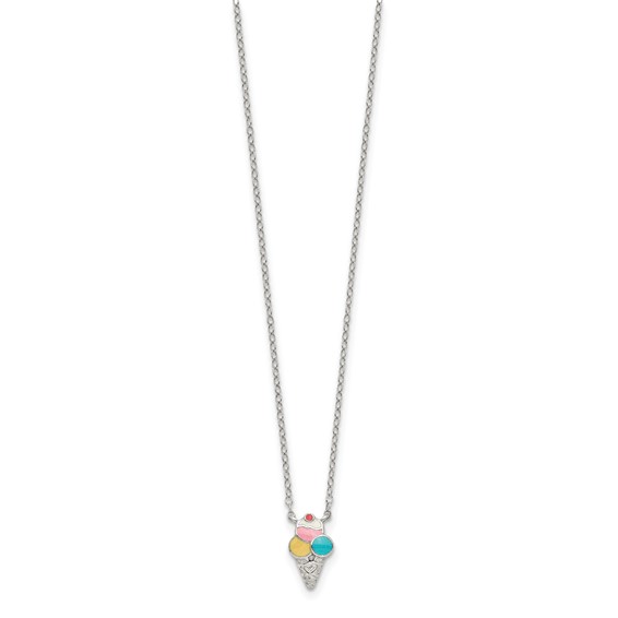 Sterling Silver Polished & Textured Multi-color Enameled Ice Cream Cone with 2 Inch Extension Children's Necklace