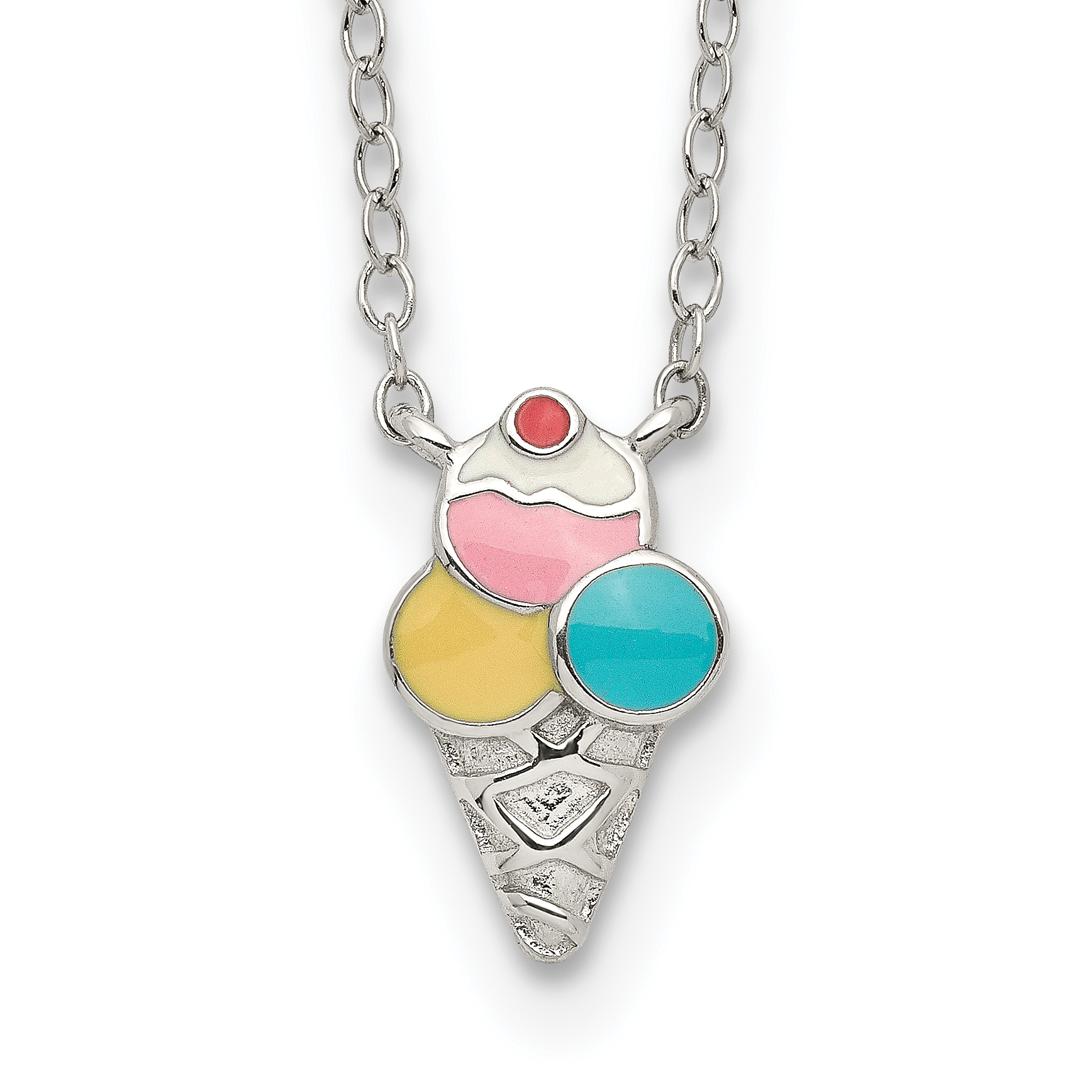 Sterling Silver Polished & Textured Multi-color Enameled Ice Cream Cone with 2 Inch Extension Children's Necklace (QG5286-16)