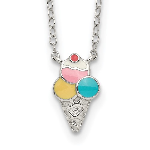 Sterling Silver Polished & Textured Multi-color Enameled Ice Cream Cone Necklace with Extension 16 Inch, 2"