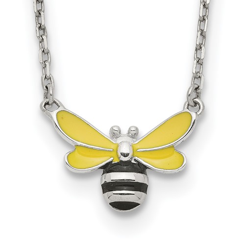 Sterling Silver Polished Yellow & Black Enameled Bumblebee Necklace with Extension 16 Inch, 2"