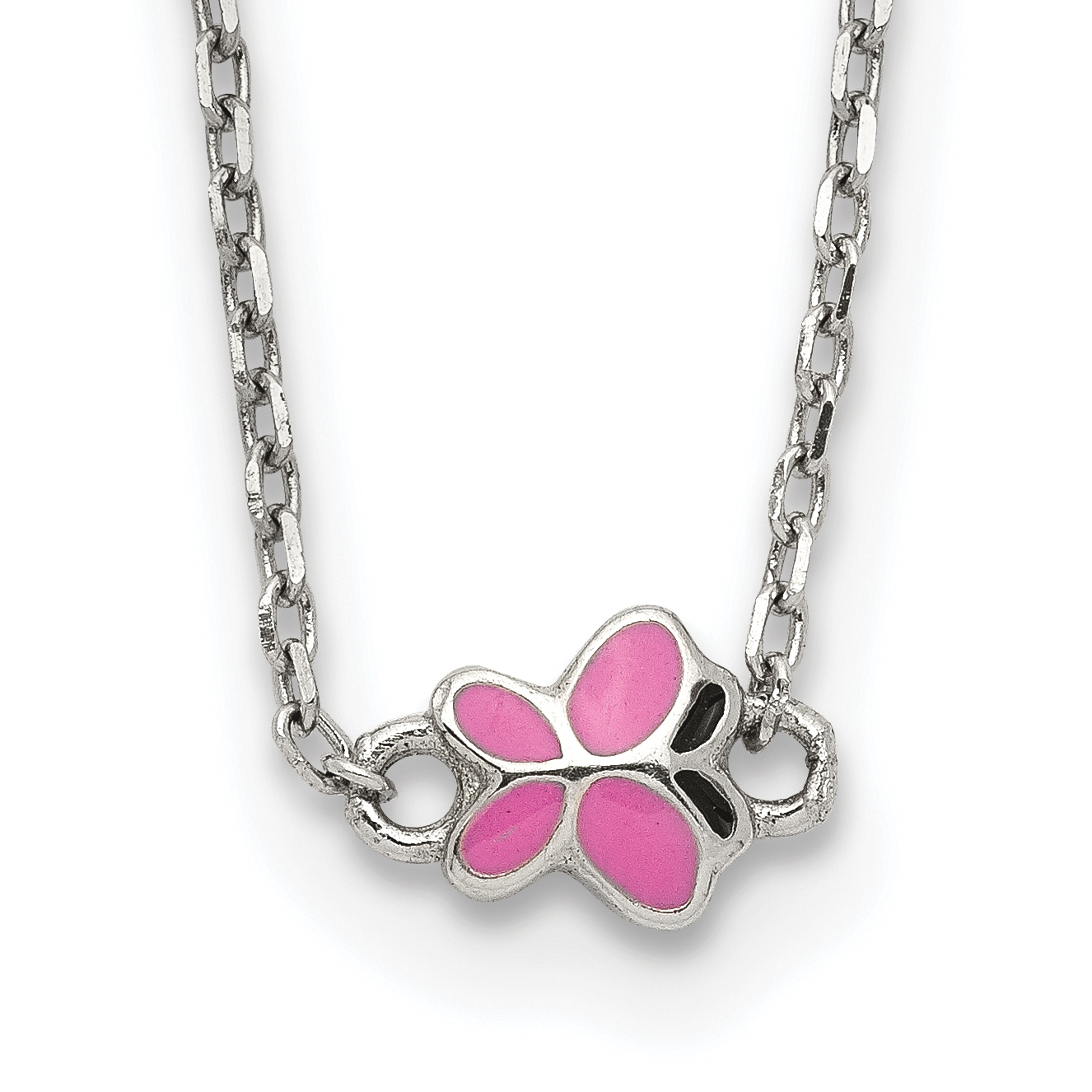 Sterling Silver Polished Pink & Black Enameled Butterfly with 2 Inch Extension Children's Necklace (QG5289-16)