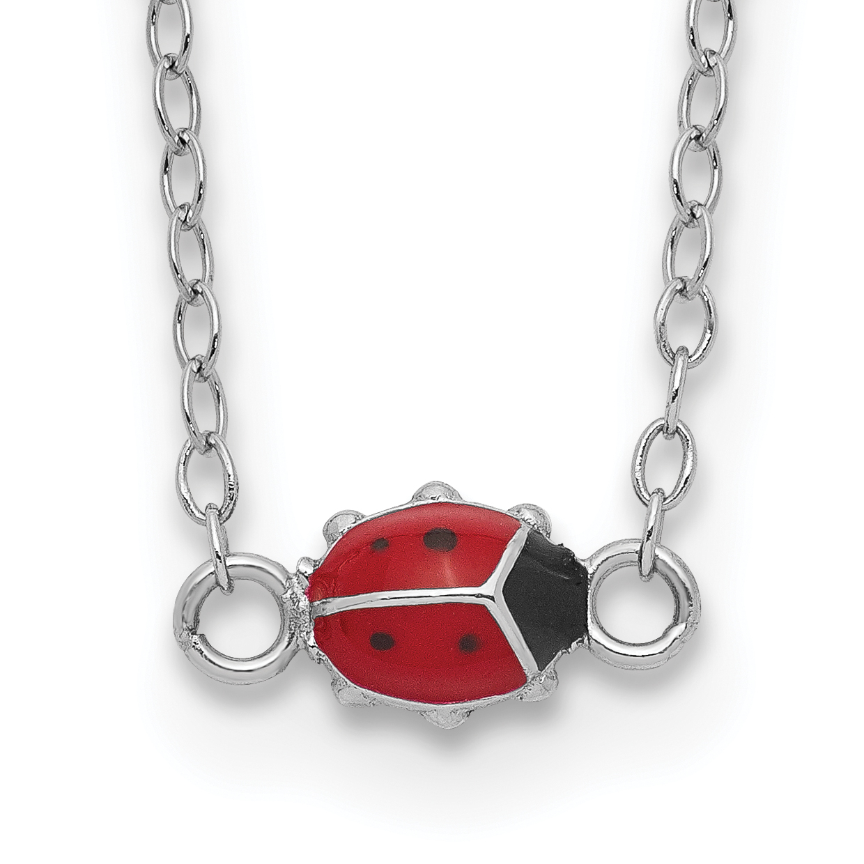 Sterling Silver Polished Red & Black Enameled Ladybug with 2 Inch Extension Children's Necklace (QG5290-16)