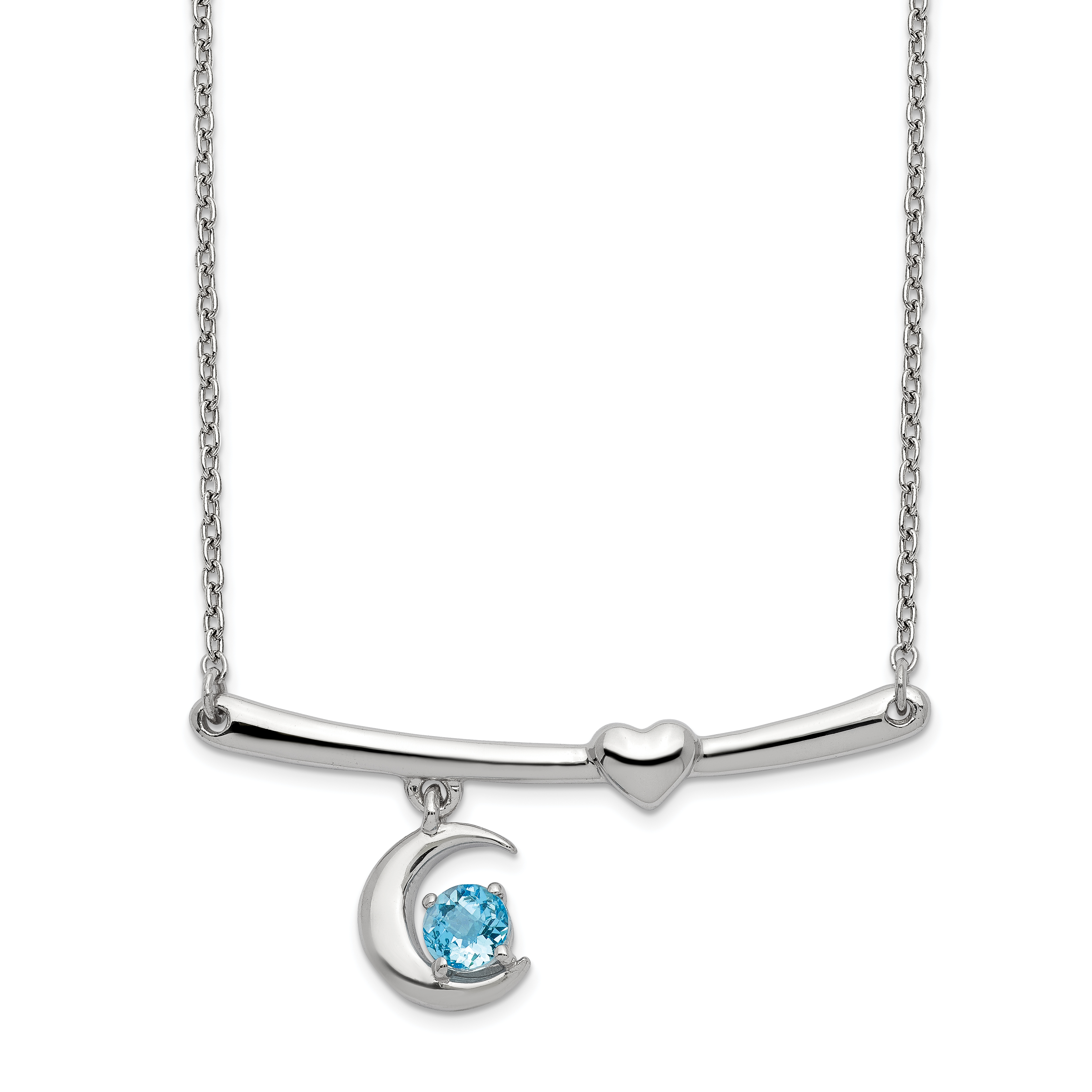 Sterling Silver Rhod-plat Swiss Blue Topaz Moon w/2.25in ext Necklace (QG5298-18)
