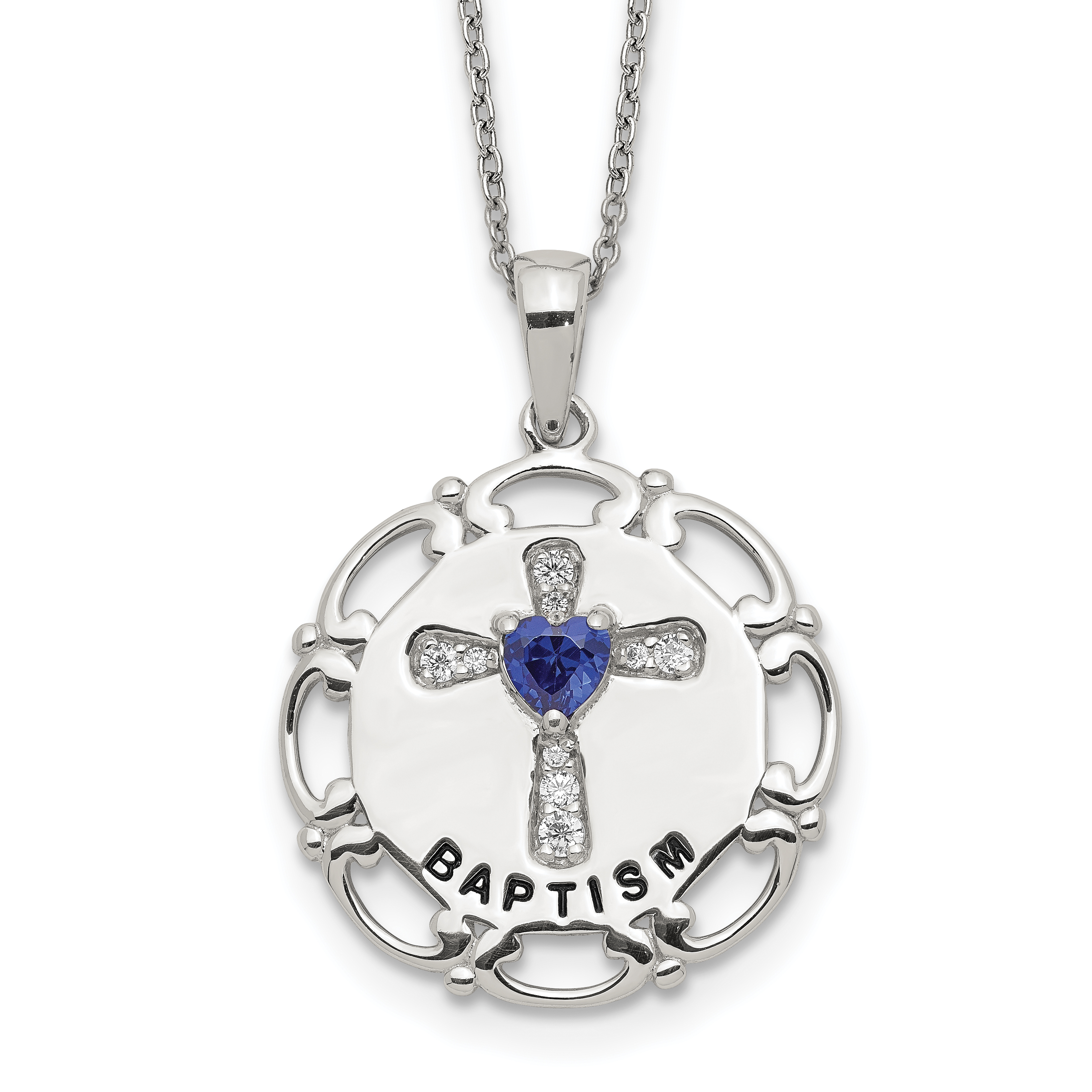 Sterling Silver Enameled Blue & Clear CZ Cross Necklace (QG5301-17.5)