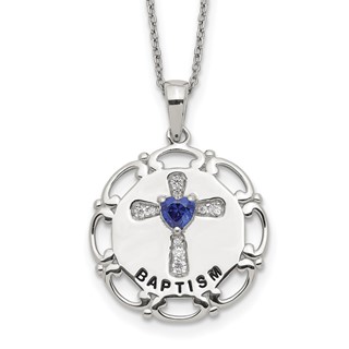Sterling Silver Enameled Blue & Clear CZ Cross Necklace