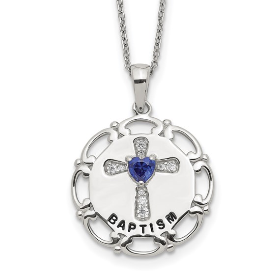 Sterling Silver Enameled Blue & Clear CZ Cross Necklace