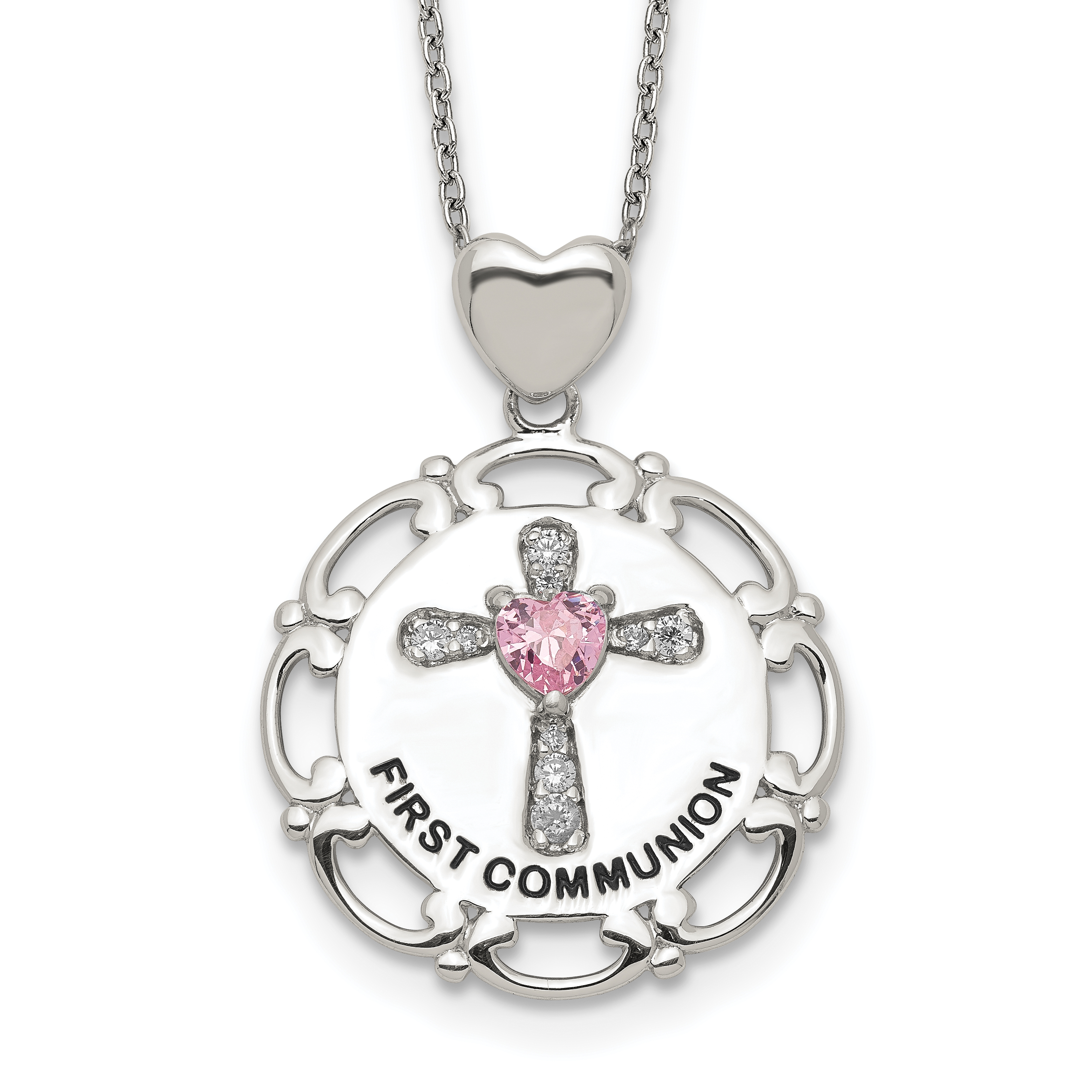 Sterling Silver Enameled Pink & Clear CZ Cross Necklace (QG5302-17.5)