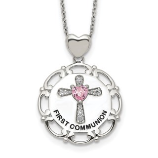 Sterling Silver Enameled Pink & Clear CZ Cross Necklace