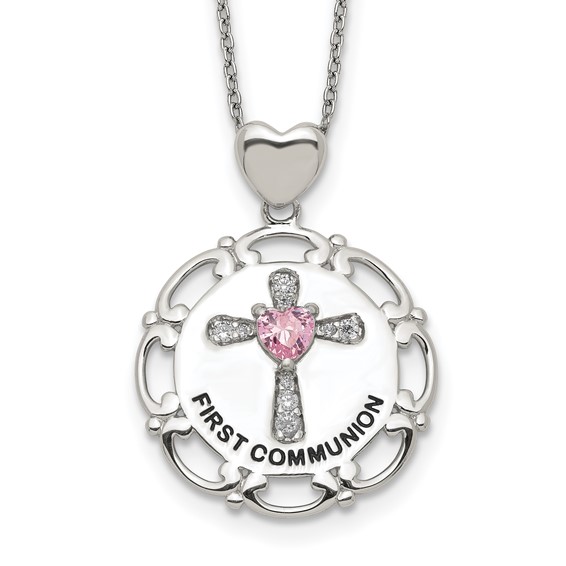 Sterling Silver Enameled Pink & Clear CZ Cross Necklace