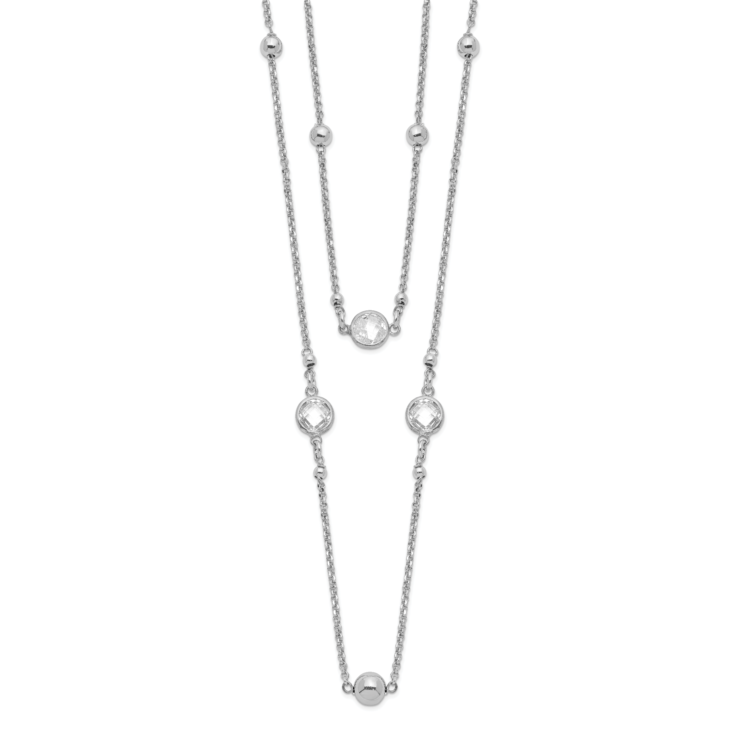 Sterling Silver Rhodium-plated CZ/Beaded 2-strand w/1in Ext. Necklace (QG5310-16)