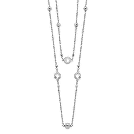 Sterling Silver Rhodium-plated CZ/Beaded 2-strand w/1in Ext. Necklace