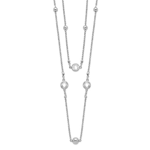 Sterling Silver Rhodium-plated CZ Beaded 2-strand Necklace with Ext., 1"