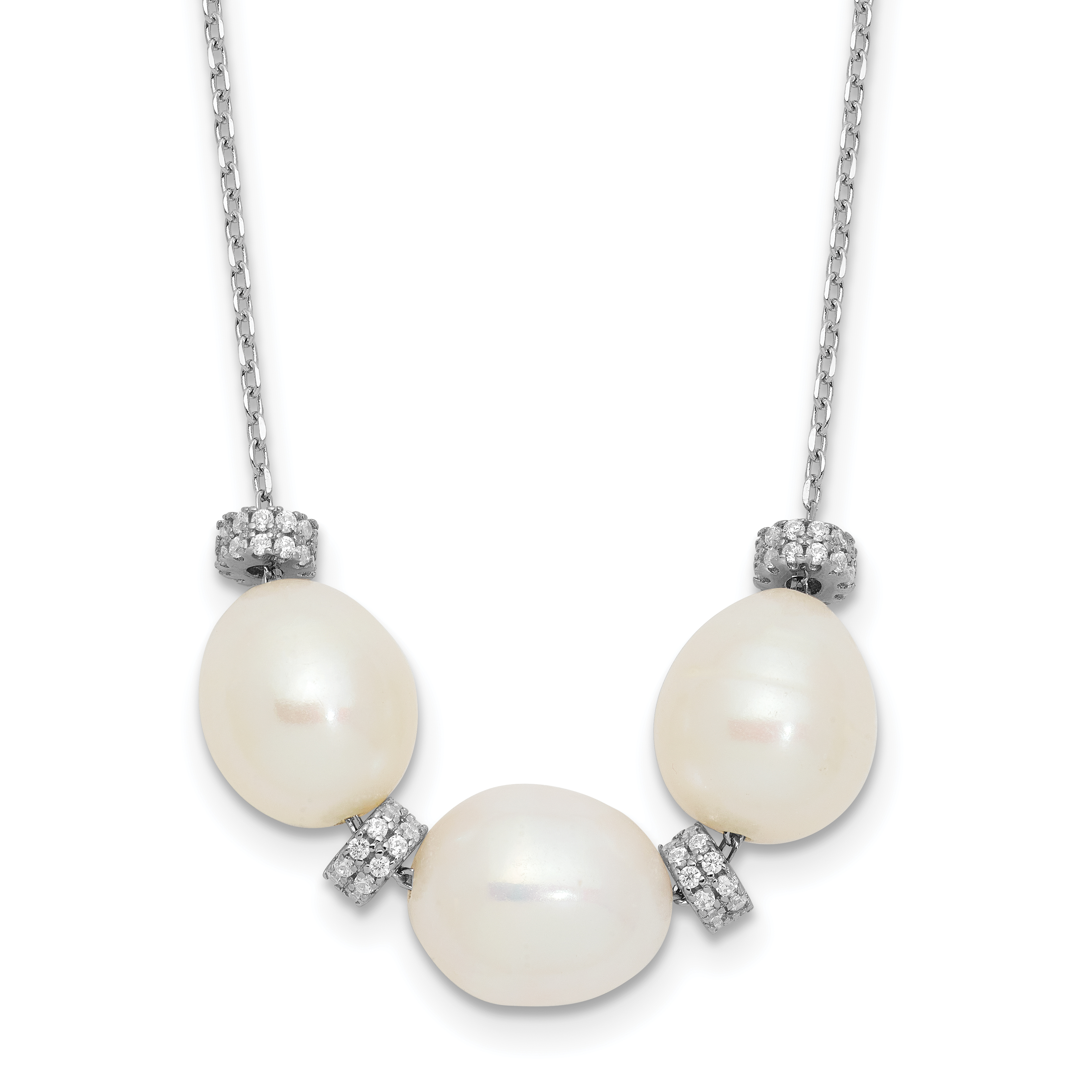 Sterling Silver Rhodium-plated CZ Bead/FWC Pearl w/ 2in ext. Necklace (QG5313-15.5)