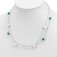 Sterling Silver Rhodium-plated Turquoise Bead and White Rice Freshwater Cultured Pearl Necklace with 2 Inch Extension, 17" view 2