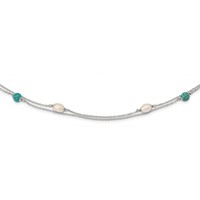 Sterling Silver Rhodium-plated Turquoise Bead and White Rice Freshwater Cultured Pearl Necklace with 2 Inch Extension, 17" view 1