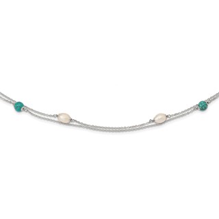 Sterling Silver Rhod-plated Turquoise/FWC Pearl w/2 in ext Necklace
