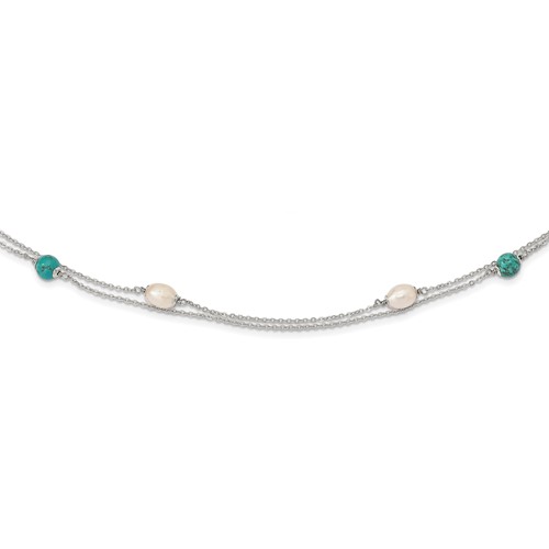 Sterling Silver Rhodium-plated Turquoise Bead and White Rice Freshwater Cultured Pearl Necklace with 2 Inch Extension, 17"