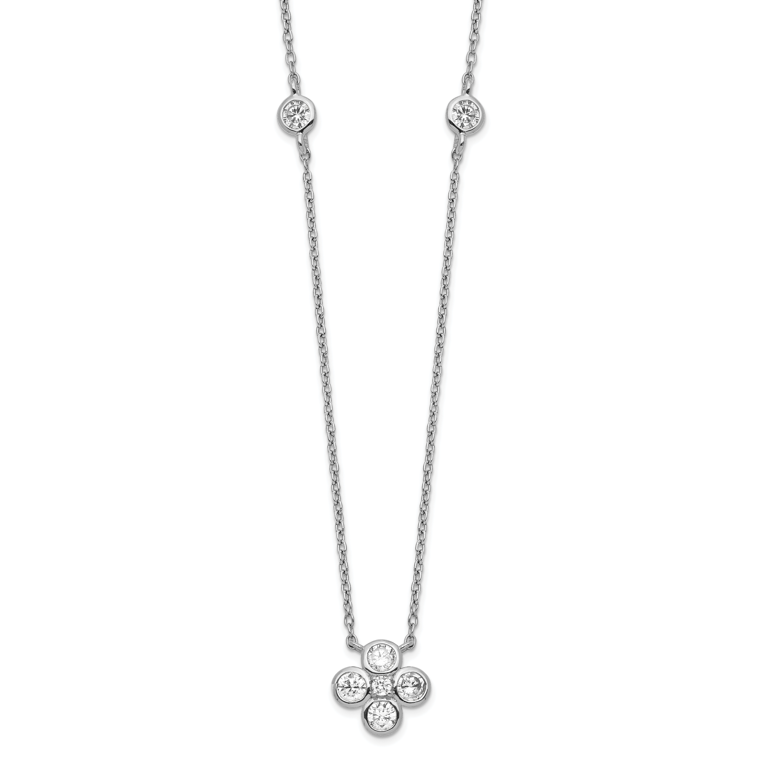 Sterling Silver Rhodium-plated Polished CZ Flower with 2in ext. Necklace (QG5319-18)