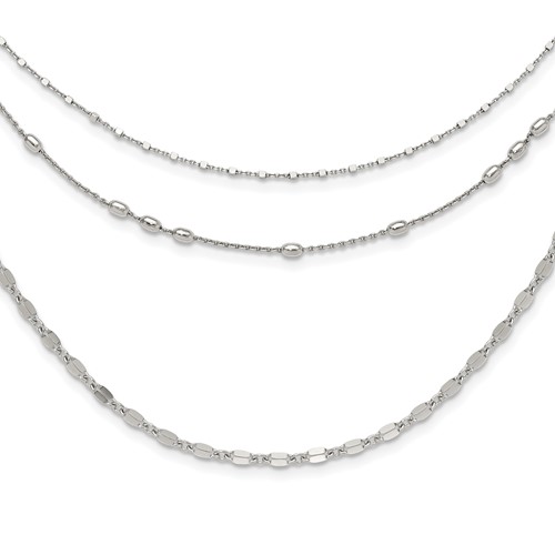 Sterling Silver Rhodium-plated Beaded 3-Strand Layered Necklace with 2 Inch Extension, 15.5"