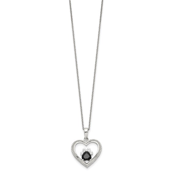 Sterling Silver Black and White CZ Heart with Paw Print 18 inch Necklace