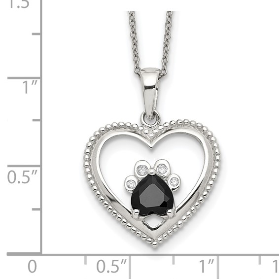 Sterling Silver Black and White CZ Heart with Paw Print 18 inch Necklace