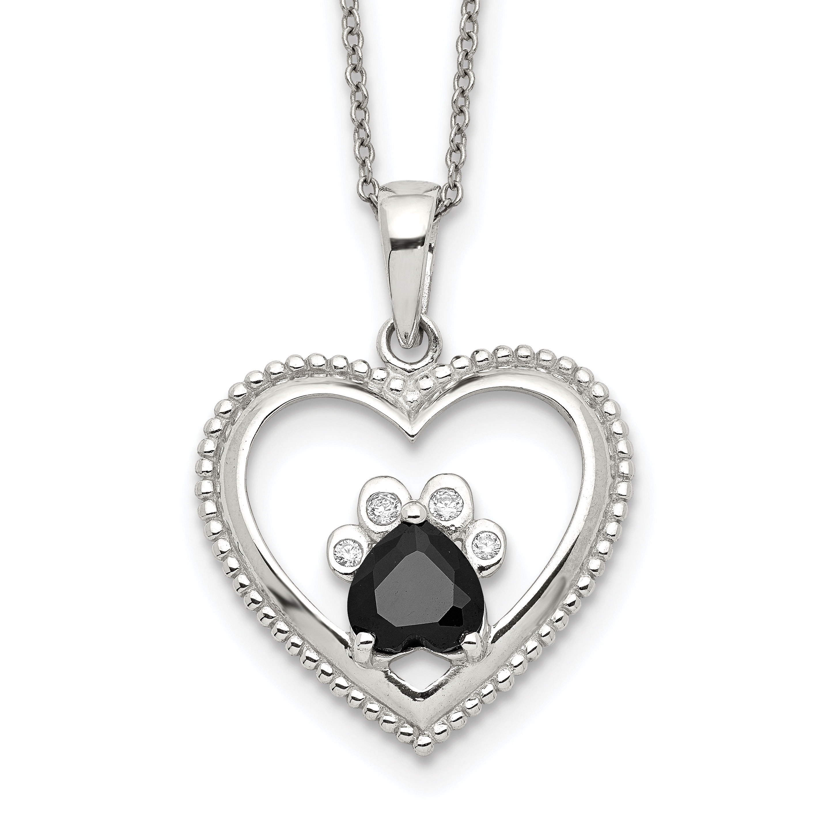 Sterling Silver Black and White CZ Heart with Paw Print 18 inch Necklace (QG5398-18)