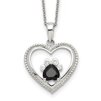 Sterling Silver Black and White CZ Heart Necklace with Paw Print, 18" view 1