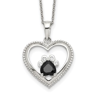 Sterling Silver Black and White CZ Heart with Paw Print 18 inch Necklace