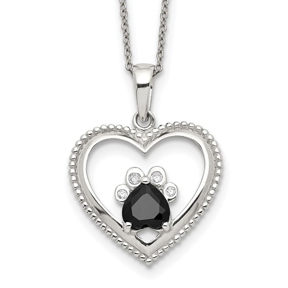 Sterling Silver Black and White CZ Heart with Paw Print 18 inch Necklace