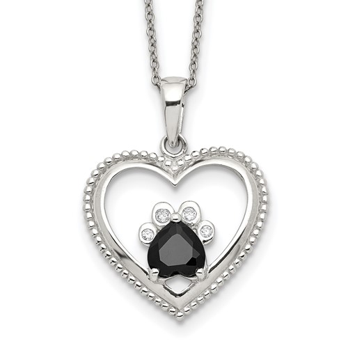 Sterling Silver Black and White CZ Heart Necklace with Paw Print, 18"