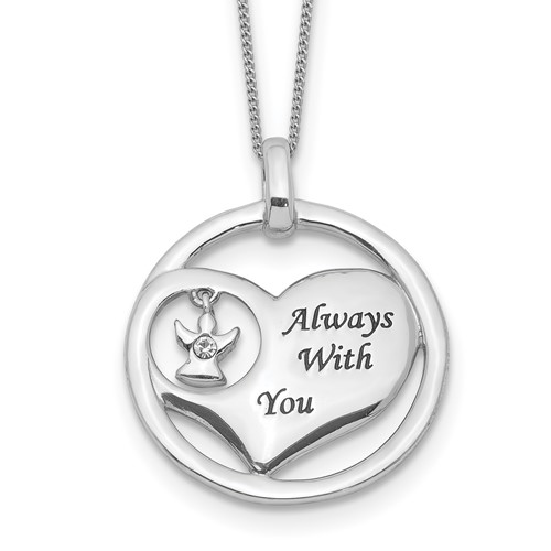 Sterling Silver Rhodium-plated Crystal Guardian Angel in Heart Enameled Always Necklace with You, 18"