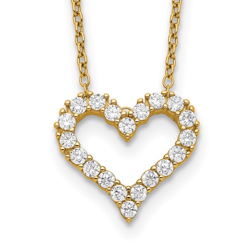 Sterling Silver Gold-plated CZ Open Heart Necklace with 2 Inch Extension, 16"