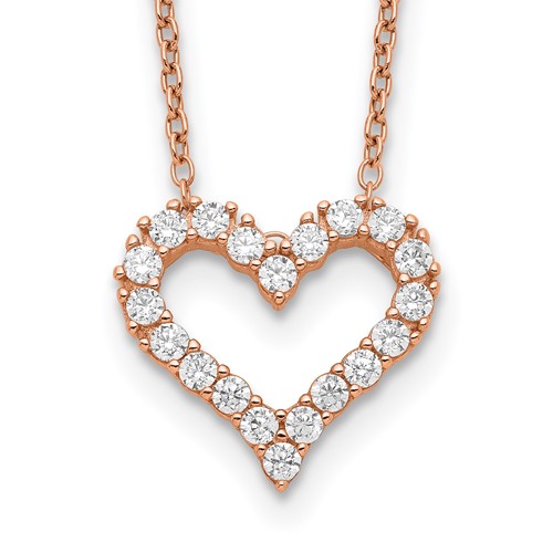 Sterling Silver Rose Gold-plated CZ Open Heart Necklace with 2 Inch Extension, 16.5"