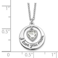 Sterling Silver Rhodium-plated I Love You Mom with CZ Heart Dangle Necklace with 2 Inch Extension, 15" view 3