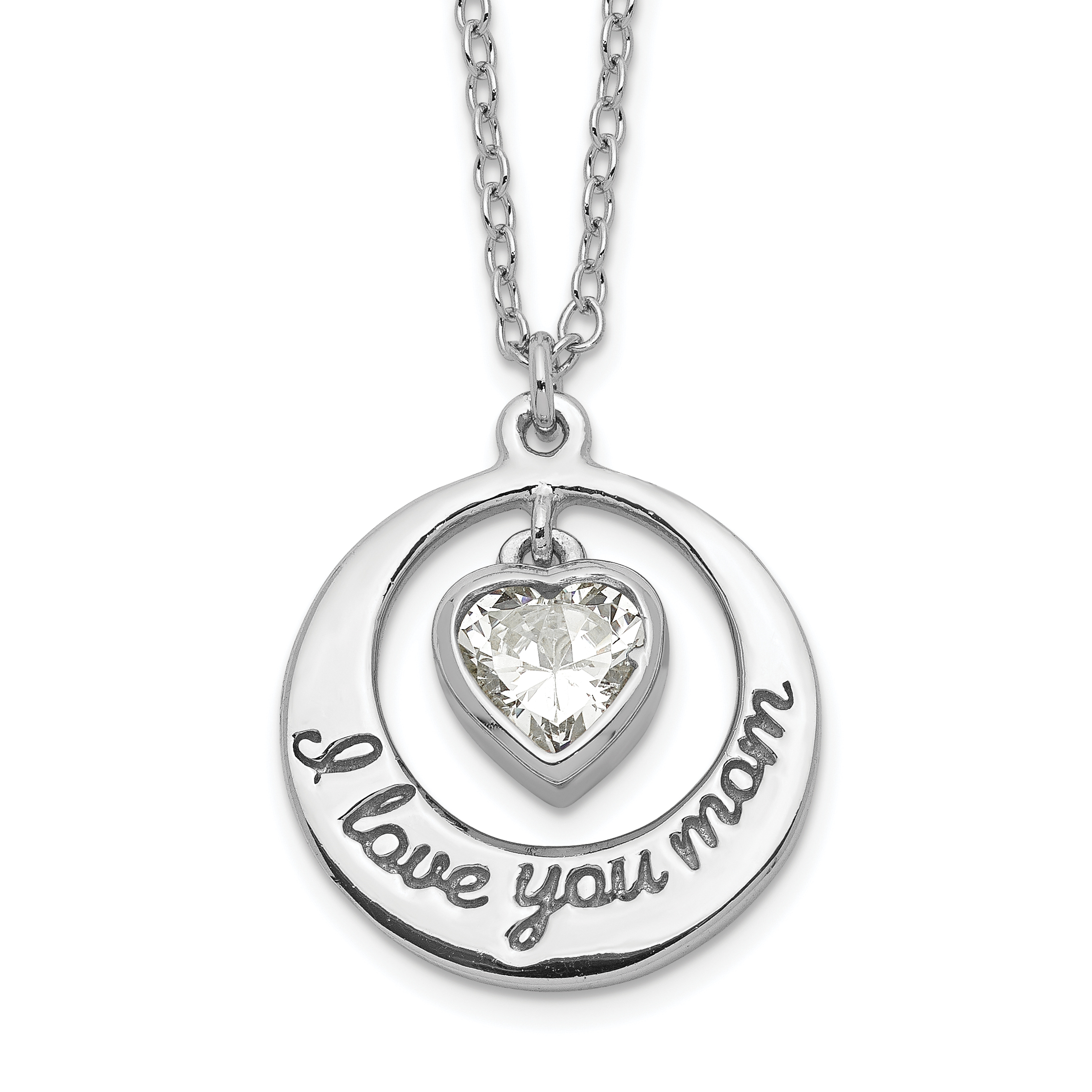 Sterling Silver Rhodium-plated I LOVE YOU MOM with CZ Heart Dangle 15 inch Necklace with 2 inch extension (QG5405-15)