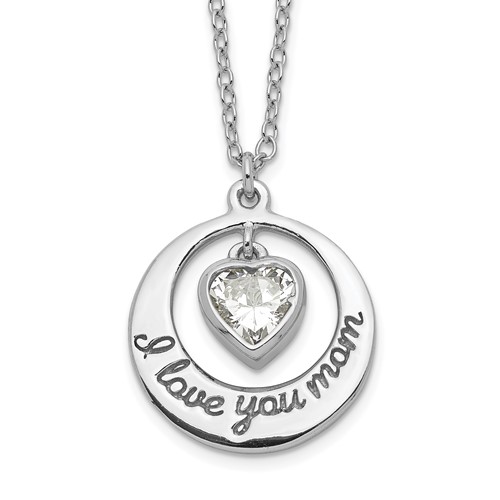 Sterling Silver Rhodium-plated I Love You Mom with CZ Heart Dangle Necklace with 2 Inch Extension, 15"