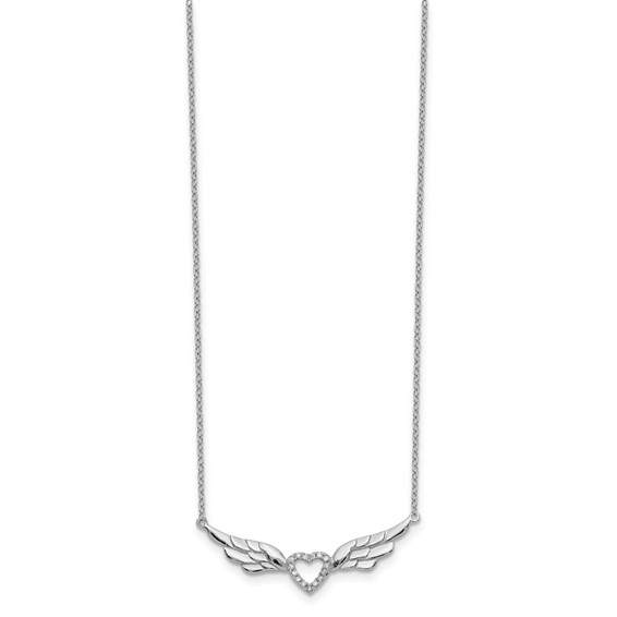 Sterling Silver Rhodium-plated CZ Heart with Wings 16 inch Necklace with 1 inch extension