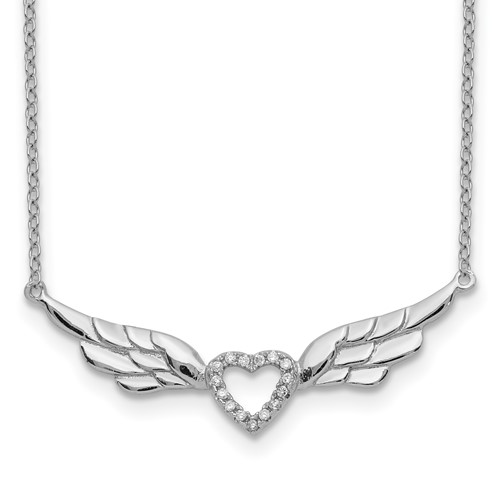 Sterling Silver Rhodium-plated CZ Heart with Wings Necklace with 1 Inch Extension, 16"