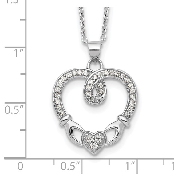 Sterling Silver Rhod-plated Claddagh Heart CZ  W/ 1 in ext.Necklace