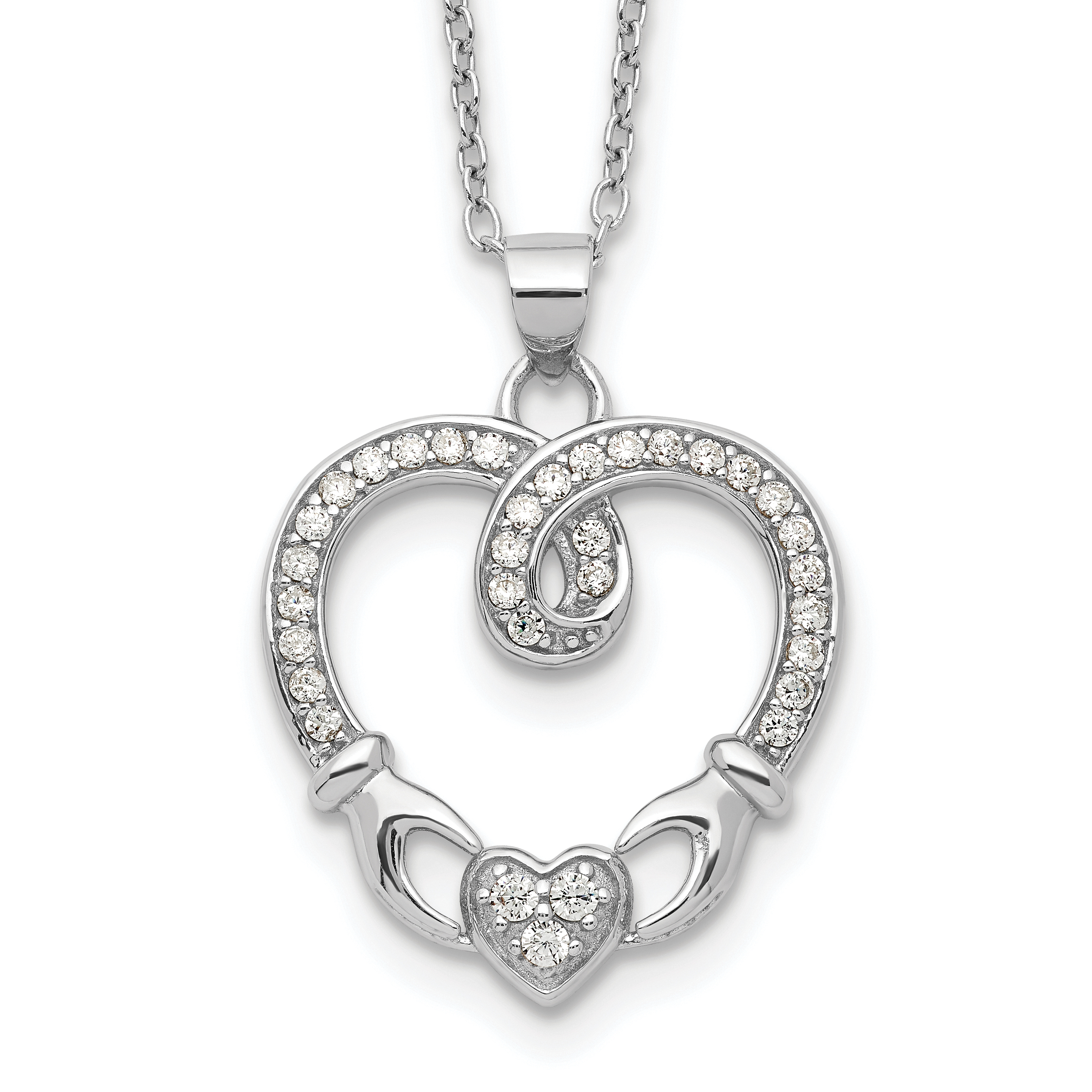Sterling Silver Rhod-plated Claddagh Heart CZ  W/ 1 in ext.Necklace (QG5407-16.5)