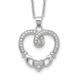 Sterling Silver Rhod-plated Claddagh Heart CZ  W/ 1 in ext.Necklace