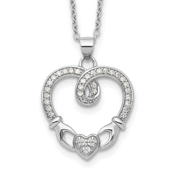 Sterling Silver Rhod-plated Claddagh Heart CZ  W/ 1 in ext.Necklace