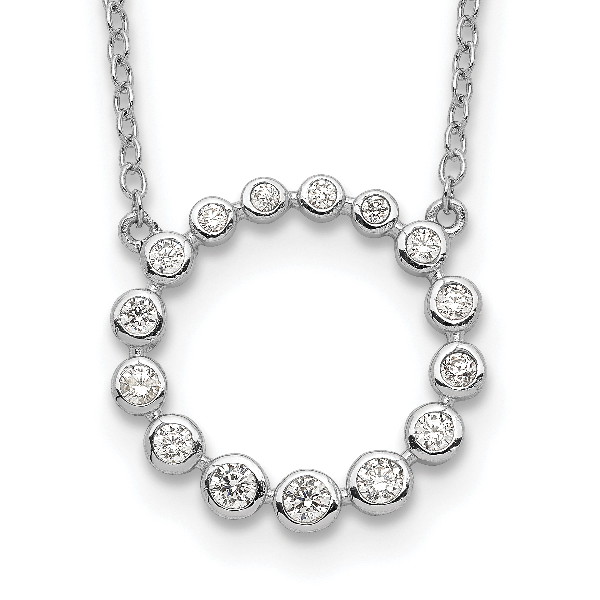 Sterling Silver Rhodium-plated CZ Circle w/2in ext Necklace (QG5421-16)