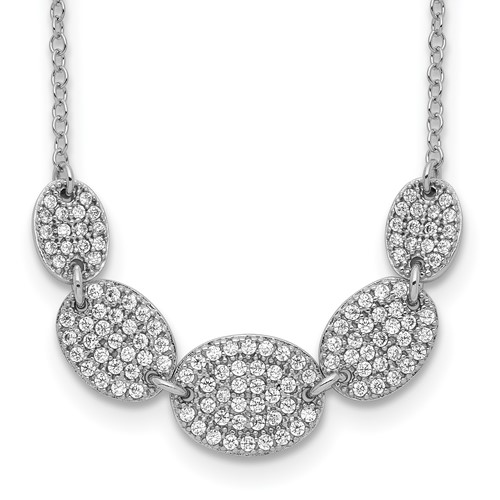Sterling Silver Rhodium-plated 5-CZ Ovals Necklace with Ext, 2"