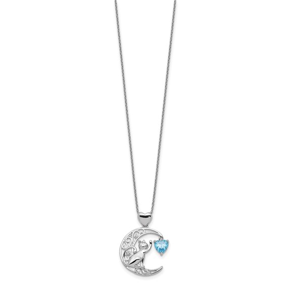 Sterling Silver Blue and Clear CZ Cat and Moon Necklace