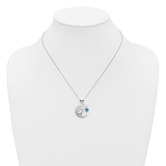 Sterling Silver Blue and Clear CZ Cat and Moon Necklace