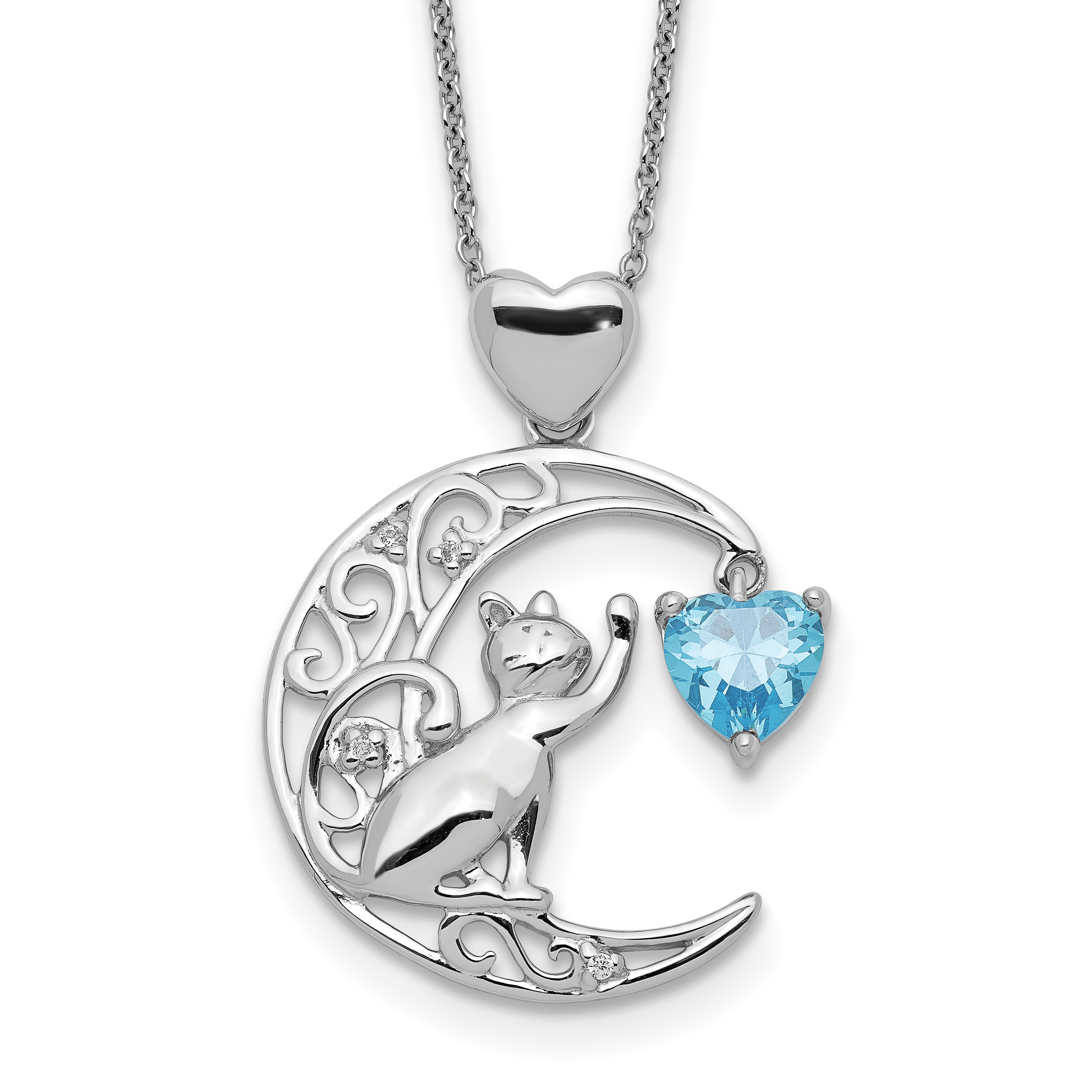 Sterling Silver Blue and Clear CZ Cat and Moon Necklace (QG5427-17.5)