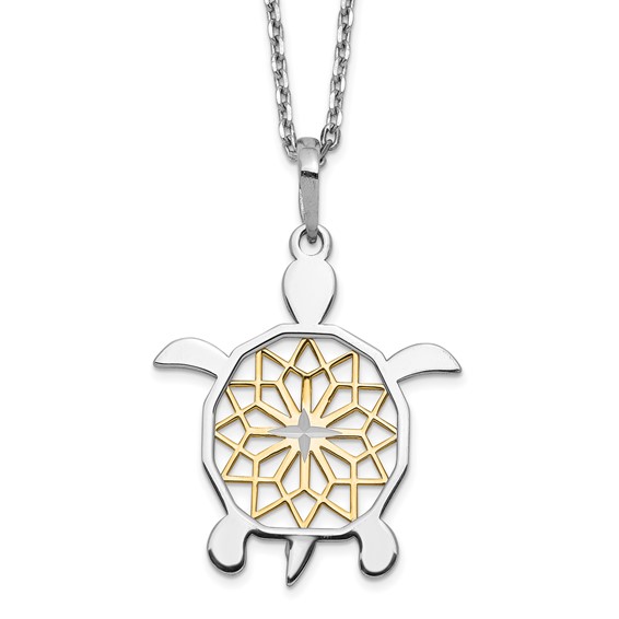Sterling Silver Gold-tone Diamond-cut Turtle w/ 2in ext. Necklace