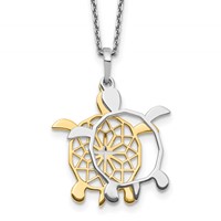 Sterling Silver Gold-tone Diamond-cut 2-Piece Movable Turtles Necklace with 2 Inch Extension, 16" view 1